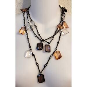 Rope Length 72" Necklace Black Chain Orange Brown Lucite Faceted Dangles Boho